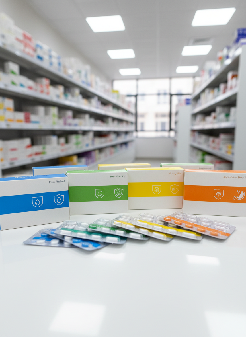 A close-up, photographic view of a carefully arranged selection of pharmaceutical product boxes and blister packs displayed on a spotless white countertop. The packaging features simple, generic branding with clear color bands and icons instead of readable text, suggesting different treatment types without naming them. Behind the countertop, softly blurred shelving holds more organized medicine cartons, hinting at a well-stocked distribution hub in Irbid, Jordan. Bright, diffused overhead lighting eliminates harsh shadows, making every edge and label crisp. The composition uses a shallow depth of field, focusing on the foreground products to emphasize quality and authenticity, while the atmosphere is clinical yet welcoming, reinforcing a sense of safety and trust in the supply chain.