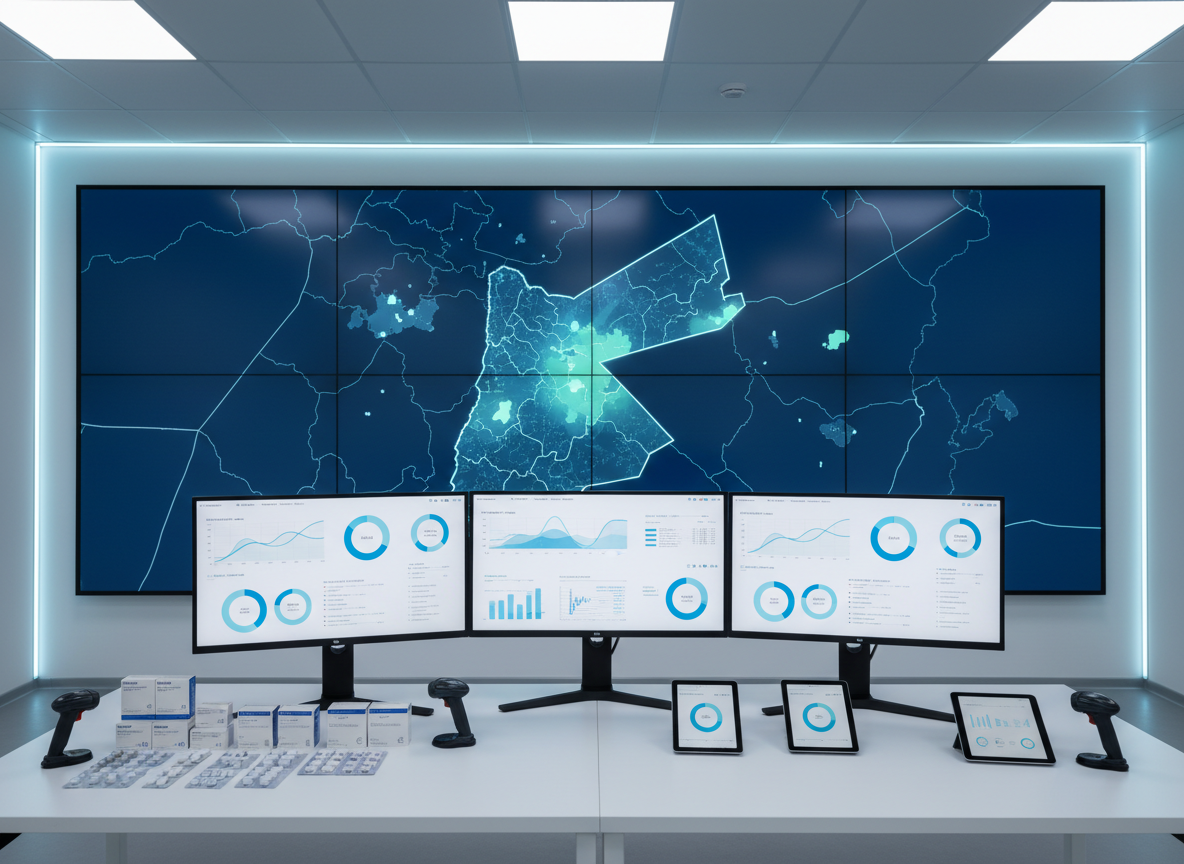 A meticulously organized pharmaceutical distribution control room featuring a large, wall-mounted digital map of Jordan with the Irbid region softly illuminated, represented through abstract glowing zones rather than readable text. In front, multiple sleek, bezel-less monitors display stylized charts and inventory visuals without legible numbers. On the minimalist white workstation, sealed medicine cartons and sample packaging are neatly arranged beside barcode scanners and handheld devices. Cool, balanced LED lighting creates a clear, focused atmosphere with subtle reflections on the glossy desk surface. Captured from a slightly elevated angle with a medium-wide composition, the photographic image conveys precision logistics, regional reach, and dependable coordination of healthcare products across communities.