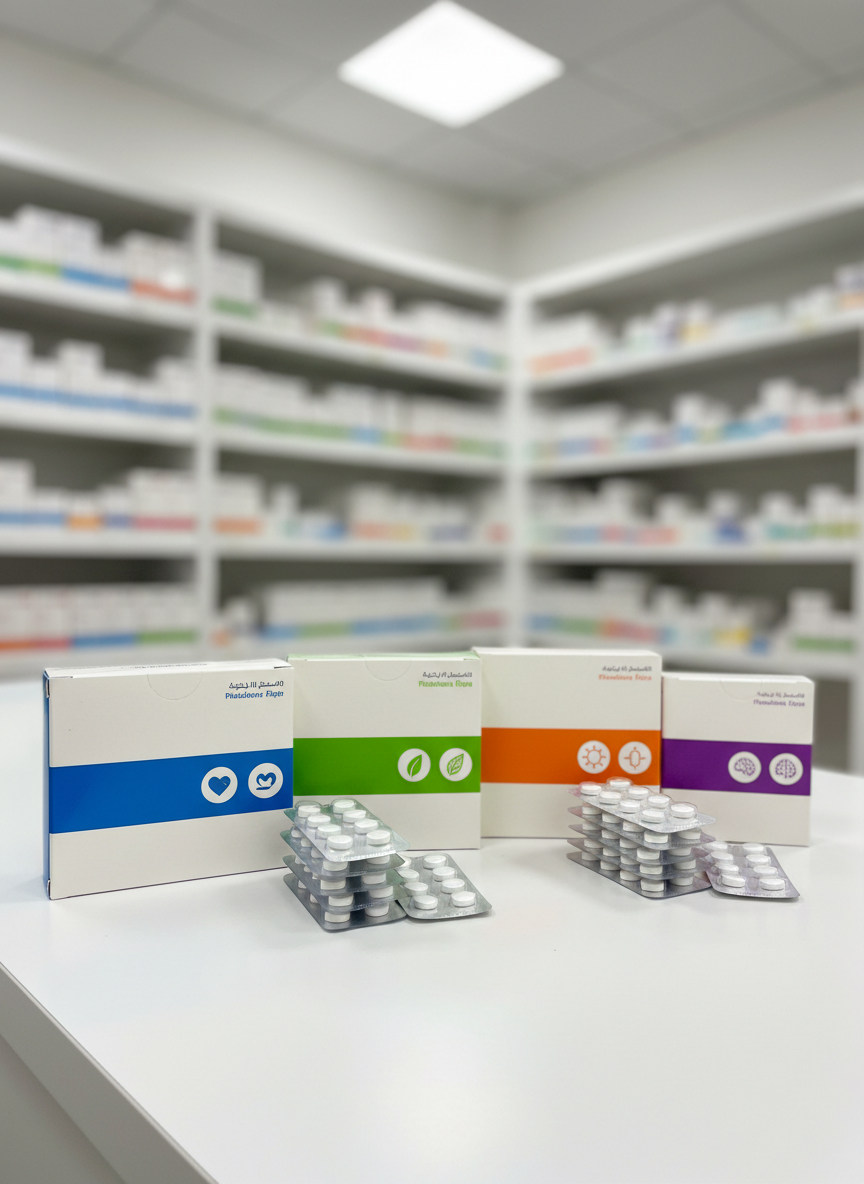 A close-up, photographic view of a carefully arranged selection of pharmaceutical product boxes and blister packs displayed on a spotless white countertop. The packaging features simple, generic branding with clear color bands and icons instead of readable text, suggesting different treatment types without naming them. Behind the countertop, softly blurred shelving holds more organized medicine cartons, hinting at a well-stocked distribution hub in Irbid, Jordan. Bright, diffused overhead lighting eliminates harsh shadows, making every edge and label crisp. The composition uses a shallow depth of field, focusing on the foreground products to emphasize quality and authenticity, while the atmosphere is clinical yet welcoming, reinforcing a sense of safety and trust in the supply chain.