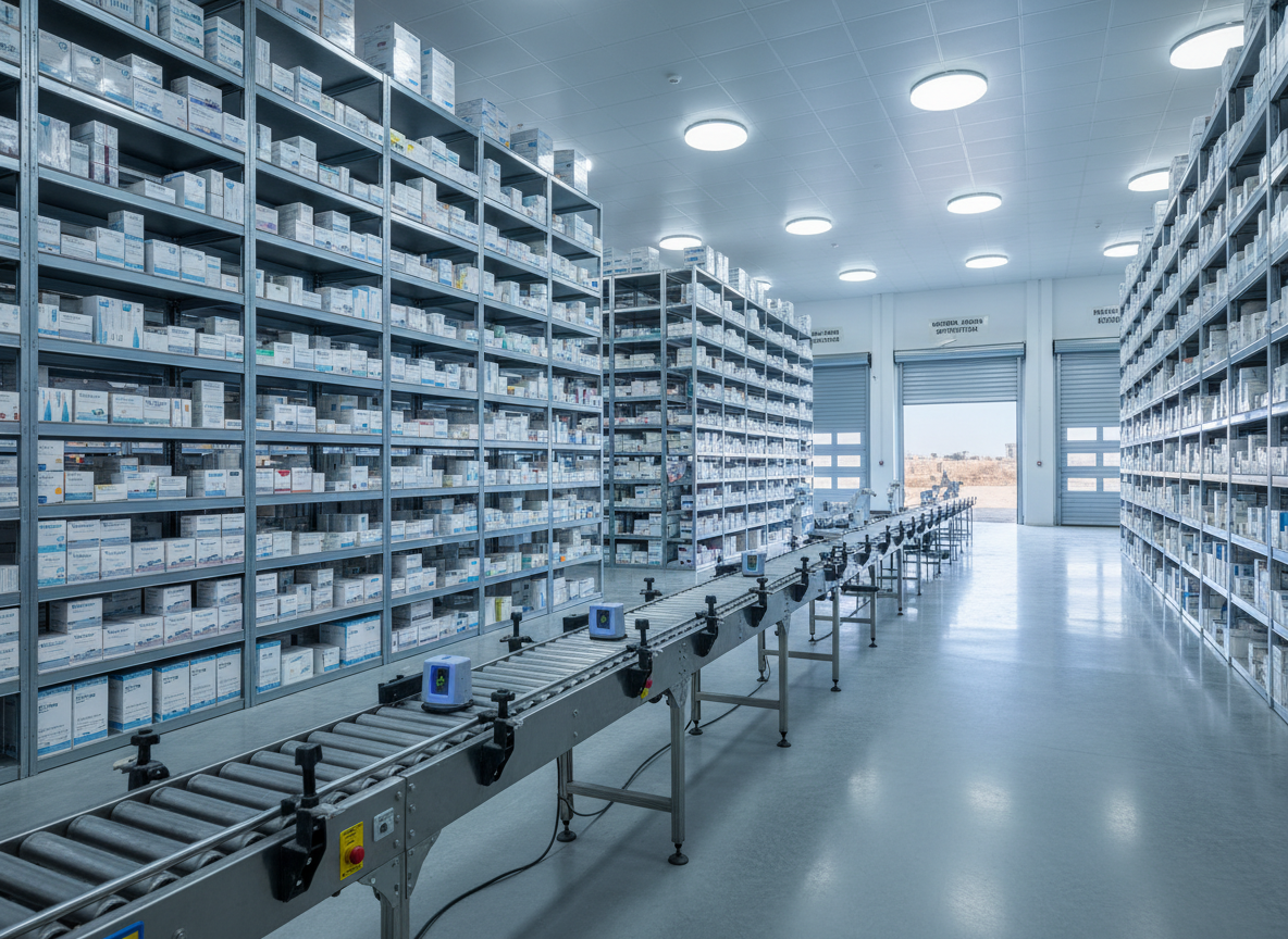 A wide, panoramic view of a modern pharmaceutical warehouse interior, with tall, meticulously organized shelving units filled with neatly stacked, sealed medicine boxes and healthcare product packaging in neutral colors. In the foreground, a clean conveyor line and barcode scanners suggest efficient distribution. The polished concrete floor reflects soft overhead LED lighting, creating a bright, evenly lit environment with minimal shadows. In the distant background, large loading bay doors hint at outgoing shipments toward communities in northern Jordan. Shot at eye level with sharp focus throughout, the composition feels spacious and orderly, conveying reliability and trust through photographic realism and a clean, professional aesthetic.
