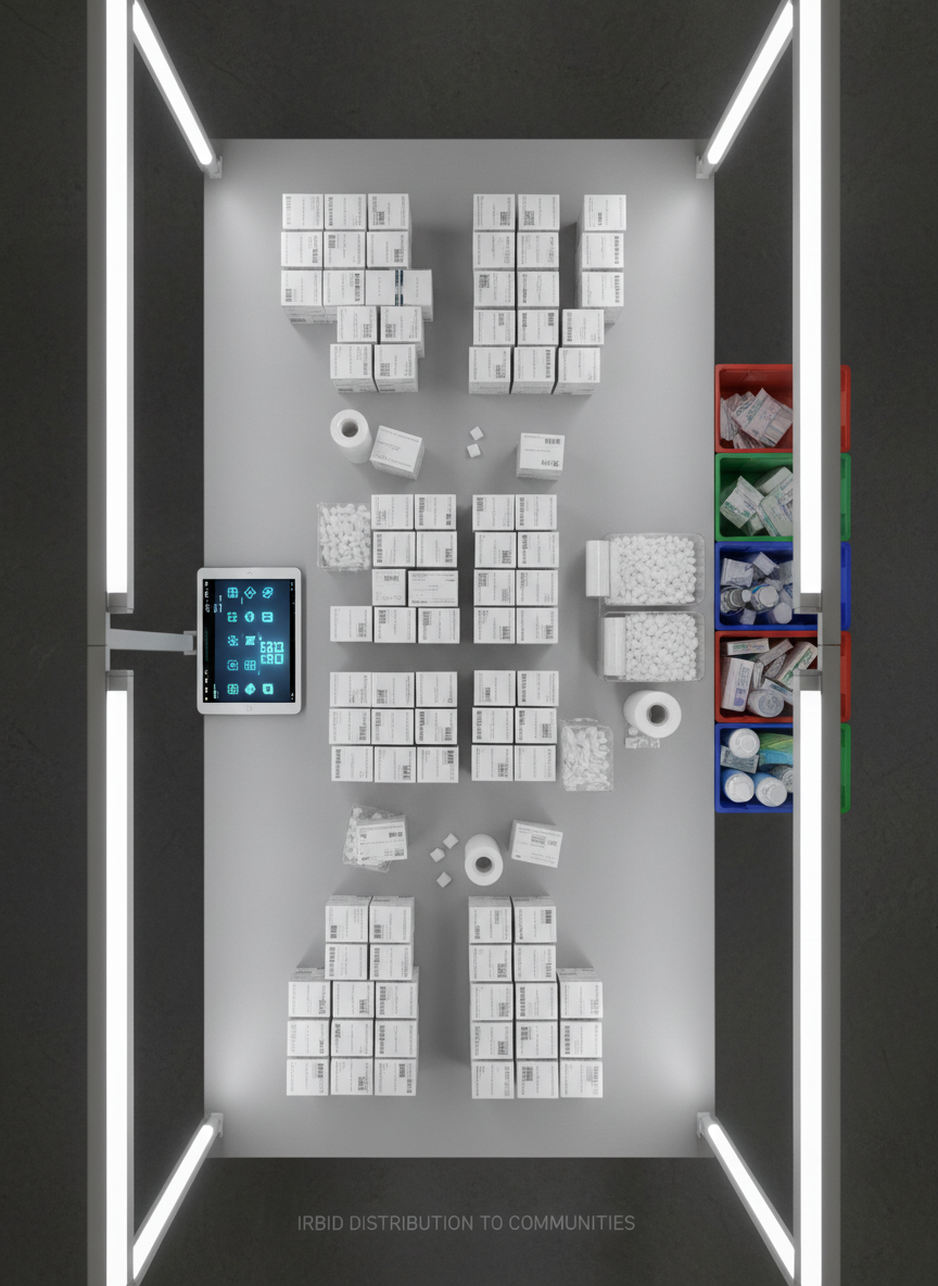 An overhead photographic view of a spotless packing station inside a pharmaceutical distribution center, with a large, light-gray worktable covered in neatly aligned, sealed medicine boxes, barcode labels without readable text, and protective packing materials. Nearby, a tablet device displays abstract icons for tracking orders, while color-coded bins hold different categories of healthcare products. Bright, neutral LED lighting shines directly down, creating crisp, defined edges and minimal shadows, enhancing the sense of sterility and precision. The composition uses a top-down perspective and symmetrical arrangement to highlight order and efficiency, evoking confidence in the careful handling and accurate delivery of medications from Irbid to surrounding communities.