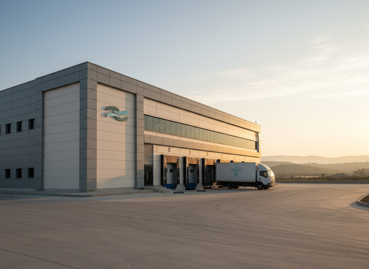 A calm, early-morning exterior view of a modern pharmaceutical distribution facility on the outskirts of Irbid, Jordan, with a low, contemporary warehouse building in light neutral tones and clean architectural lines. The facility name is suggested only by a simple, abstract sign with non-readable shapes instead of text. In front, several closed loading dock doors and a parked, unbranded delivery truck with a subtle medical icon hint at active distribution. Soft, golden sunlight washes over the building façade, casting gentle shadows and revealing distant, hazy hills typical of northern Jordan. Photographed from a slightly low, wide angle with sharp focus, the scene feels trustworthy and established, emphasizing stability, professionalism, and community connection.