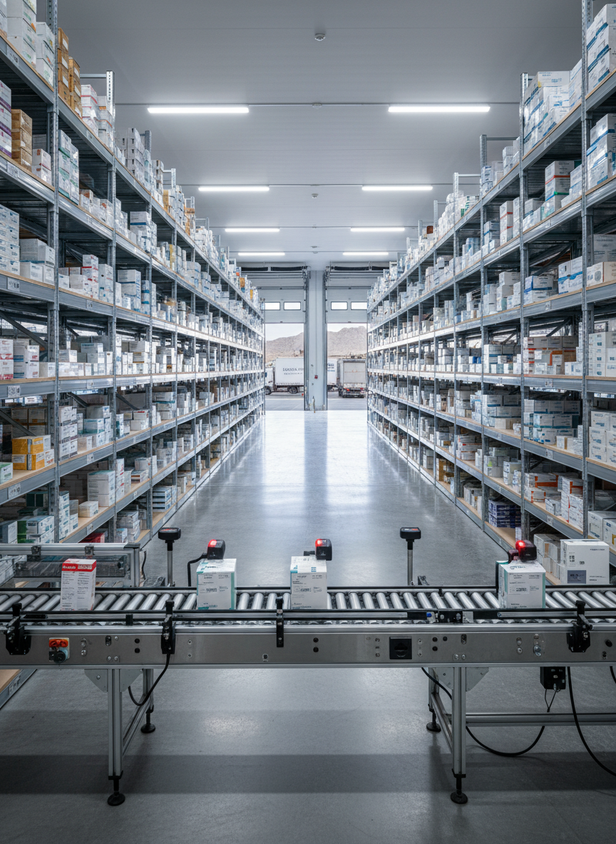 A wide, panoramic view of a modern pharmaceutical warehouse interior, with tall, meticulously organized shelving units filled with neatly stacked, sealed medicine boxes and healthcare product packaging in neutral colors. In the foreground, a clean conveyor line and barcode scanners suggest efficient distribution. The polished concrete floor reflects soft overhead LED lighting, creating a bright, evenly lit environment with minimal shadows. In the distant background, large loading bay doors hint at outgoing shipments toward communities in northern Jordan. Shot at eye level with sharp focus throughout, the composition feels spacious and orderly, conveying reliability and trust through photographic realism and a clean, professional aesthetic.